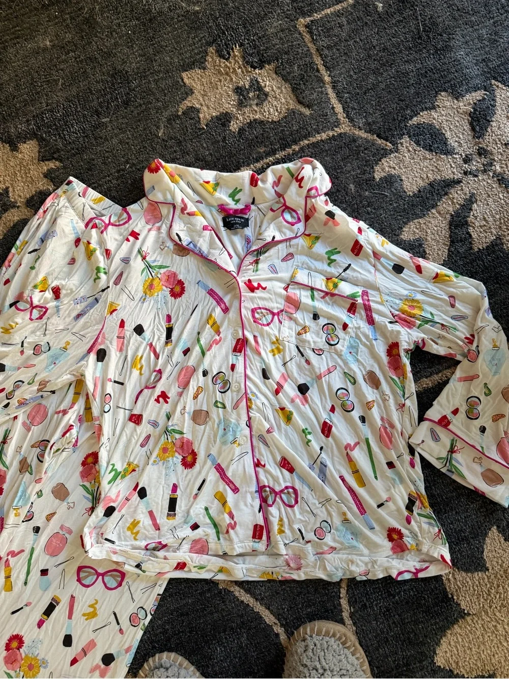 kate spade White Floral & Makeup Print Pajama Set with Pink Trim